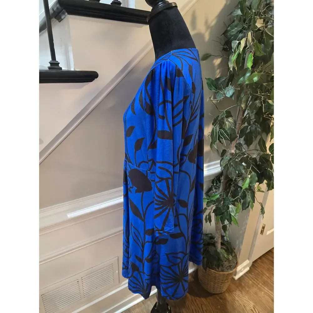 R&B Collection Midi Dress Women's 1X Blue Floral Casual Loose Fit Long Sleeves - Picture 6 of 11